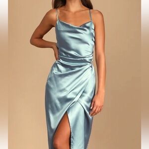 Lulus woman dusty blue satin midi dress